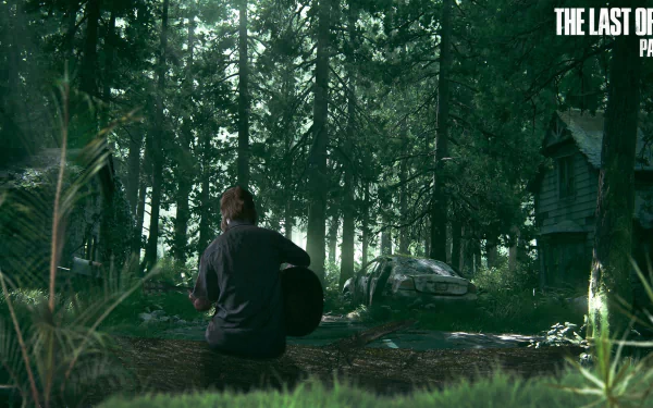 HD desktop wallpaper featuring Ellie from The Last of Us Part II, sitting in a forest clearing, playing a guitar, with atmospheric lighting and dense trees in the background.