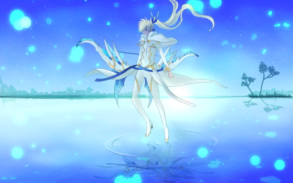 Anime HD PC desktop wallpaper/background — Tales of Zestiria the X: luminous white-clad figure hovering above a glassy blue lake, flowing ribbons and glowing particles reflected on the water.