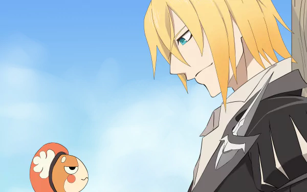 HD PC desktop wallpaper featuring an anime scene from Tales of Zestiria the X, with a blonde character facing a small, round creature against a clear blue sky.