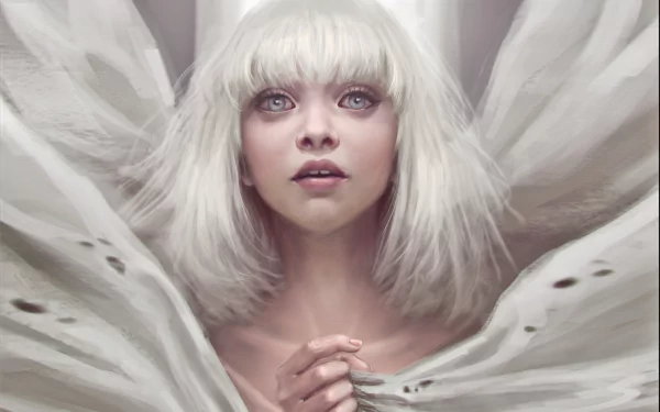 HD desktop wallpaper featuring a person with a white bob haircut, surrounded by a flowing white fabric with feather-like patterns.