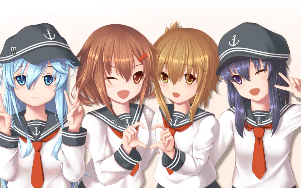 HD anime desktop wallpaper featuring Hibiki and Akatsuki from Kantai Collection, showcasing four characters in sailor-style school uniforms with cheerful expressions.