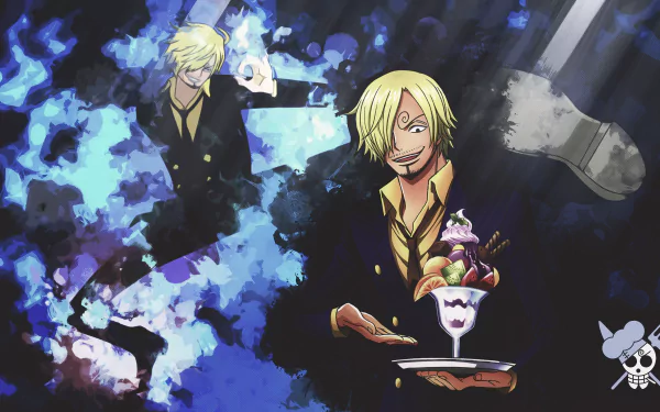 Vibrant 4K Ultra HD wallpaper of Sanji from One Piece, showcasing dynamic anime art with fiery blue flames and his signature cocktail and kicking pose.