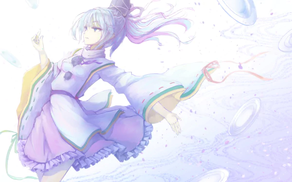 HD anime PC wallpaper featuring Mononobe No Futo from Touhou, depicted in flowing traditional attire with soft pastel colors and dynamic motion effects.