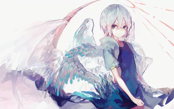 HD anime desktop wallpaper featuring an ethereal angel with white hair and blue feathered wings, set against a soft, light-colored background.