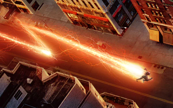 HD desktop wallpaper and background featuring Barry Allen as The Flash (portrayed by Grant Gustin) running at high speed through a city street, from the TV show The Flash (2014).