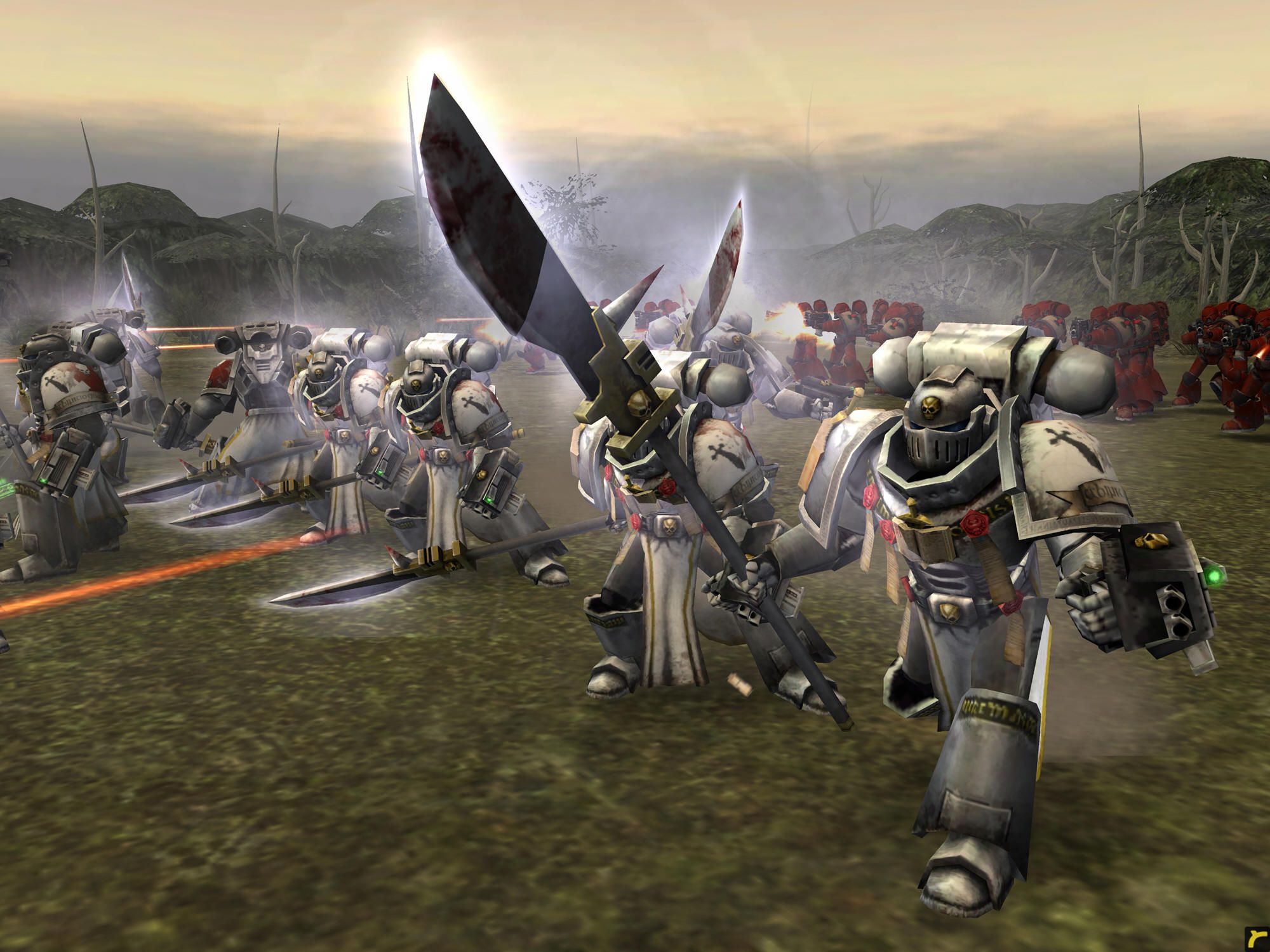 Grey Knights in battle during Warhammer 40k's Dawn of War.