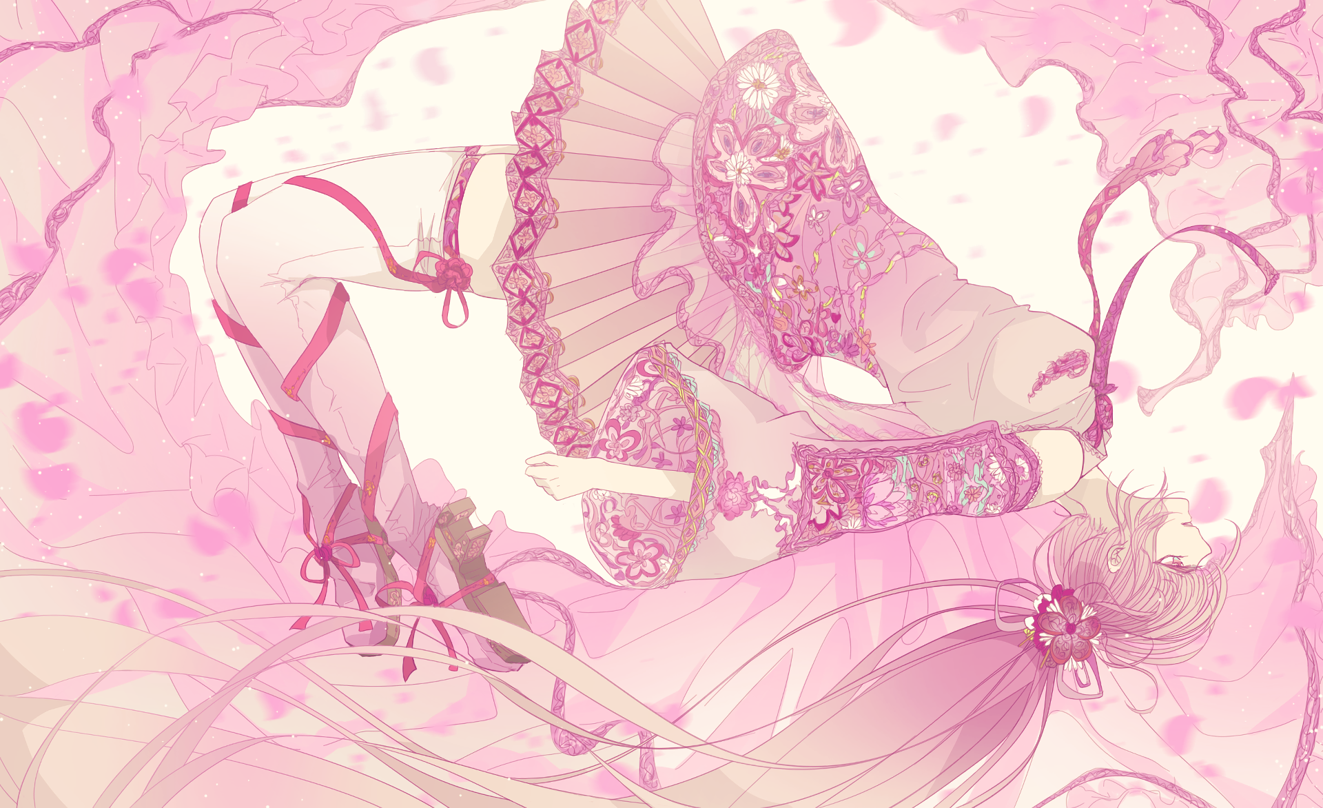 HD PC desktop wallpaper of Hatsune Miku, anime Vocaloid artwork of her in a pink frilled dress with long flowing hair, ribbons and floral accents.