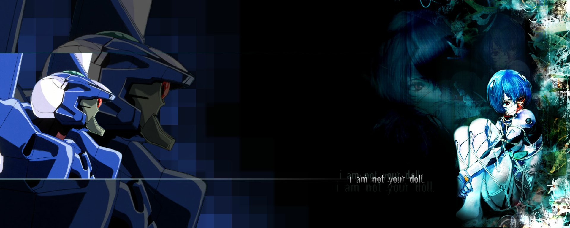 HD PC desktop wallpaper featuring Rei Ayanami from Neon Genesis Evangelion, with a dark, moody background and subtle text reading I am not your doll.