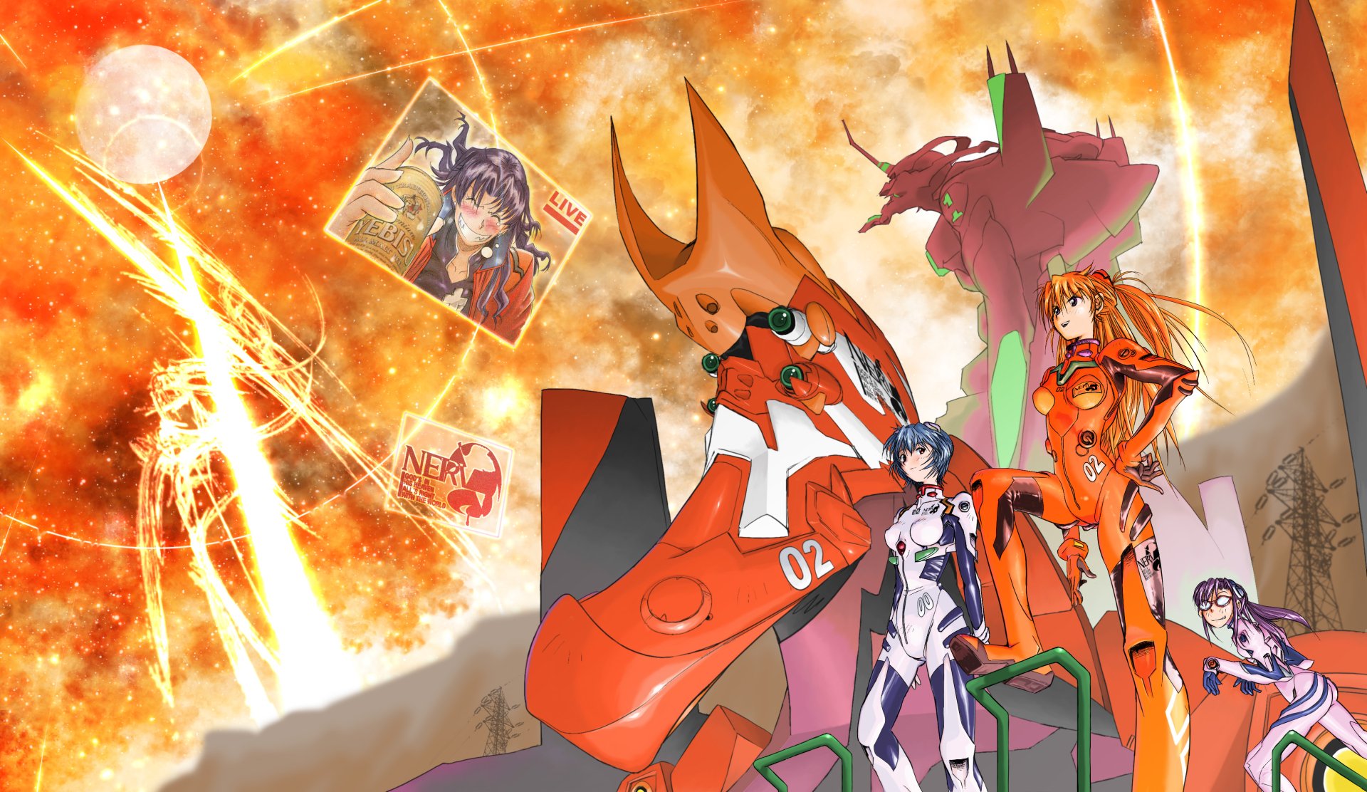 Anime wallpaper from Evangelion: 2.0 You Can (Not) Advance showing Shinji Ikari, Asuka Langley Sohryu in an orange plug suit, Rei Ayanami and Evangelion Unit-02 against a fiery cosmic sky.