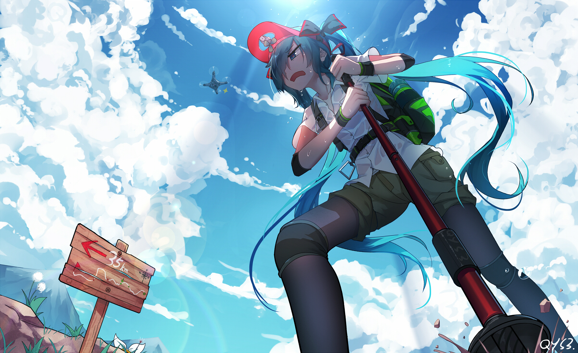 Anime-style illustration of Vocaloid character Hatsune Miku wearing a red hat, with long blue hair, set against a vibrant blue sky with clouds. The image is a high-definition desktop wallpaper.