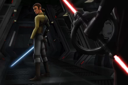 HD Star Wars Rebels desktop wallpaper featuring Kanan Jarrus wielding a blue lightsaber, facing the Grand Inquisitor with twin red lightsabers in a dark corridor.