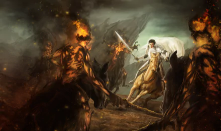 A fantasy warrior battles demons on horseback, wielding a sword amidst a dramatic backdrop of swirling smoke and flames, creating an epic and intense scene.