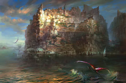 HD PC desktop wallpaper from the video game Torment: Tides of Numenera, depicting a massive cliffside city with a creature flying over the water.