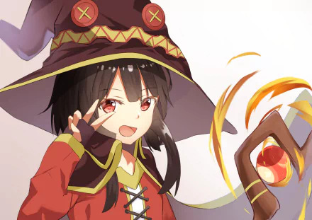 An HD wallpaper featuring Megumin from KonoSuba, depicted with black hair, red eyes, a witch hat, and a staff, smiling while casting a spell.