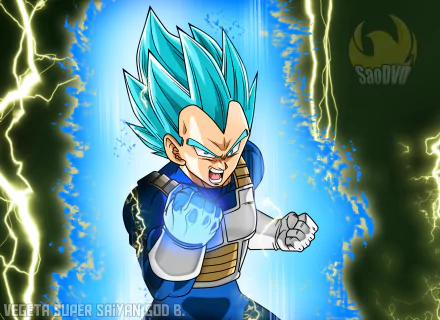 HD desktop wallpaper featuring Vegeta from Dragon Ball Super in an intense, electrifying pose with glowing blue hair and fist. The background is vibrant with light streaks and energy bursts.
