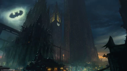 HD wallpaper featuring Gotham City at night with the Bat-Signal glowing in the sky, iconic dark towers, and comic-inspired Batman elements creating a mysterious urban atmosphere.