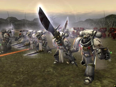 HD PC desktop wallpaper featuring Grey Knights from Warhammer 40k in Dawn of War video game, showcasing armored warriors in a battlefield setting.
