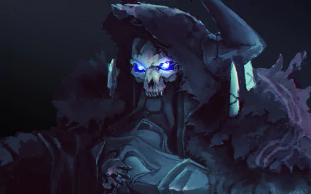 HD desktop wallpaper of King Hassan from Fate/Grand Order, featuring him in dark, ominous attire with glowing blue eyes.