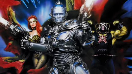 HD desktop wallpaper featuring Batman & Robin movie villains: Arnold Schwarzenegger as Mr. Freeze, Uma Thurman as Poison Ivy, and Robert Swenson as Bane.