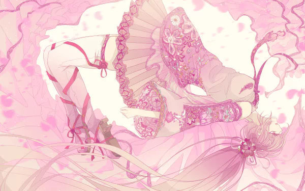 HD PC desktop wallpaper of Hatsune Miku, anime Vocaloid artwork of her in a pink frilled dress with long flowing hair, ribbons and floral accents.