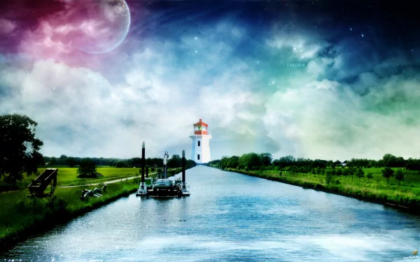 HD PC desktop wallpaper showcasing a dreamy world with a serene river, sailboats, lush greenery, and a lighthouse under a vibrant, cosmic sky.
