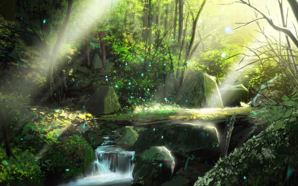 HD anime desktop wallpaper of a serene forest scene with sunlight filtering through trees, highlighting a small stream and surrounding greenery.