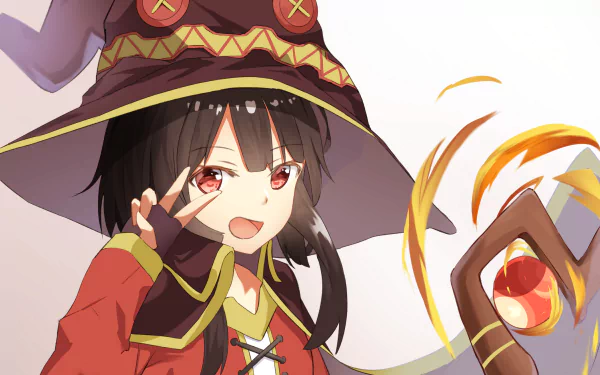 An HD wallpaper featuring Megumin from KonoSuba, depicted with black hair, red eyes, a witch hat, and a staff, smiling while casting a spell.