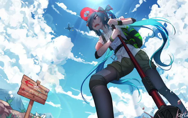 Anime-style illustration of Vocaloid character Hatsune Miku wearing a red hat, with long blue hair, set against a vibrant blue sky with clouds. The image is a high-definition desktop wallpaper.