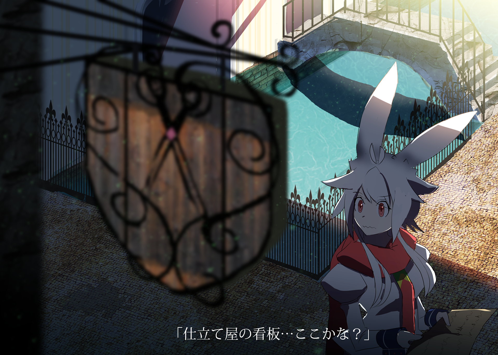 HD anime-style original PC desktop wallpaper featuring a character with white rabbit ears and red eyes standing near an intricate gate in a sunlit, shadowed setting.