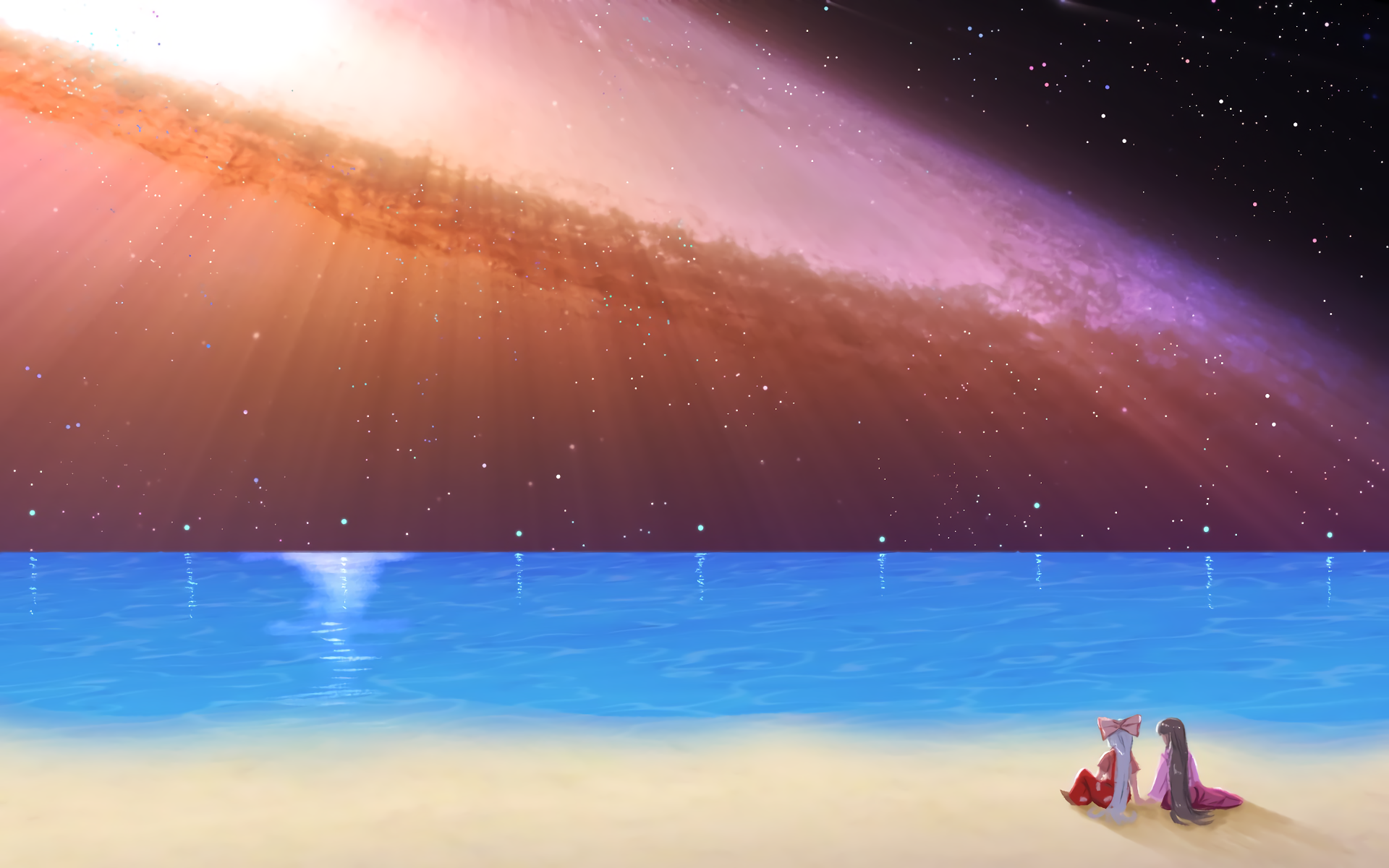 HD anime desktop wallpaper depicting Kaguya Houraisan and Fujiwara no Mokou from Touhou sitting together on a beach under a vibrant, cosmic sky.