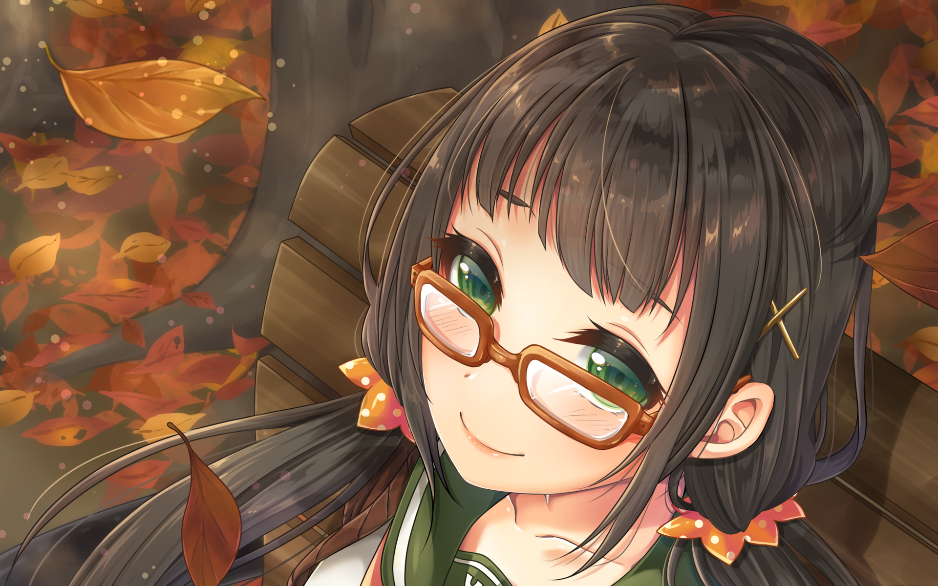Anime-style girl with glasses, dark hair, and green eyes, sitting on a bench in an autumn setting with falling leaves. HD desktop wallpaper and original background elements enhance the cozy atmosphere.