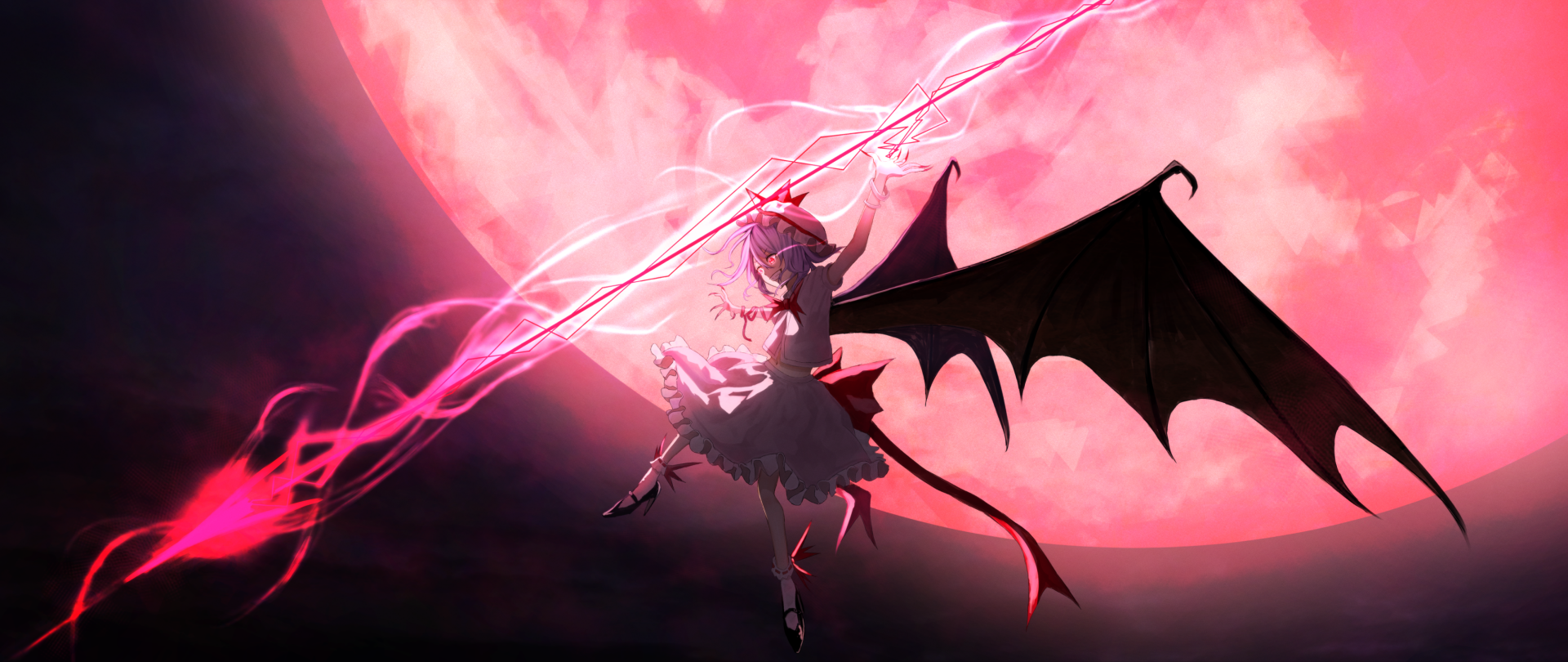 HD anime wallpaper featuring Remilia Scarlet from Touhou, depicted with bat wings and glowing red energy against a large, vivid red moon background.