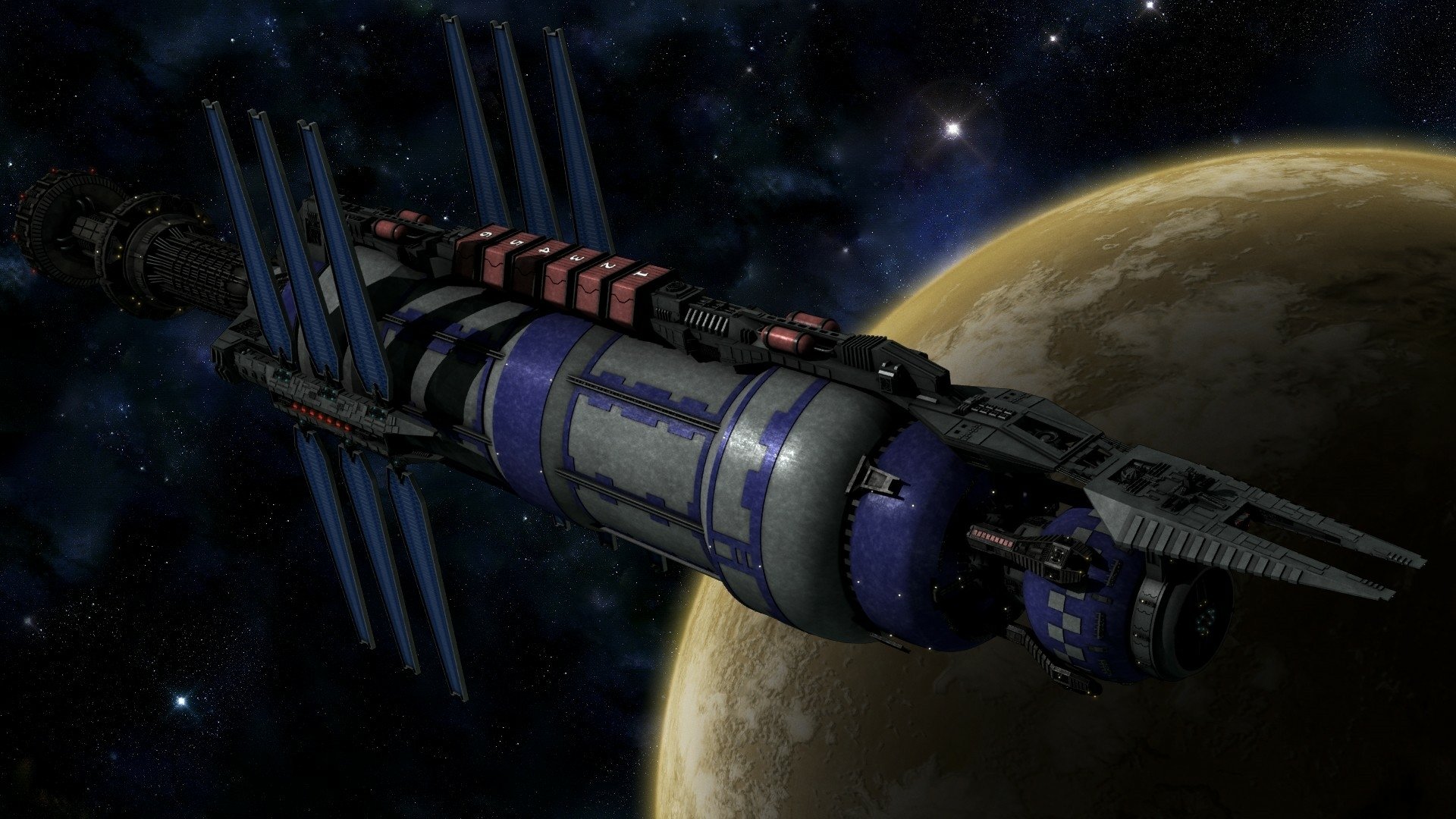 HD desktop wallpaper featuring a detailed spacecraft from Babylon 5: The River of Souls against the backdrop of a planet and starry space, inspired by the Babylon 5 TV show.