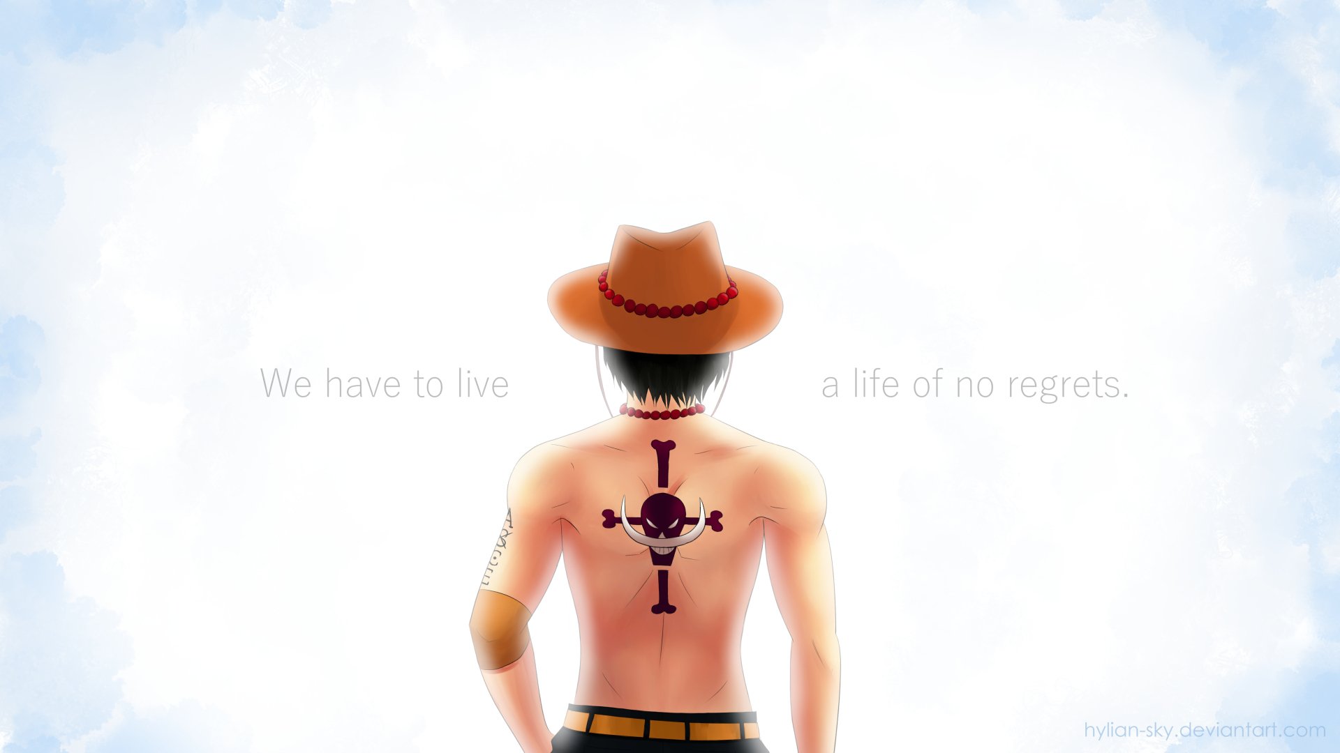 HD PC desktop wallpaper featuring Portgas D. Ace from the anime One Piece, showing his back with iconic tattoos and signature hat against a bright sky background.