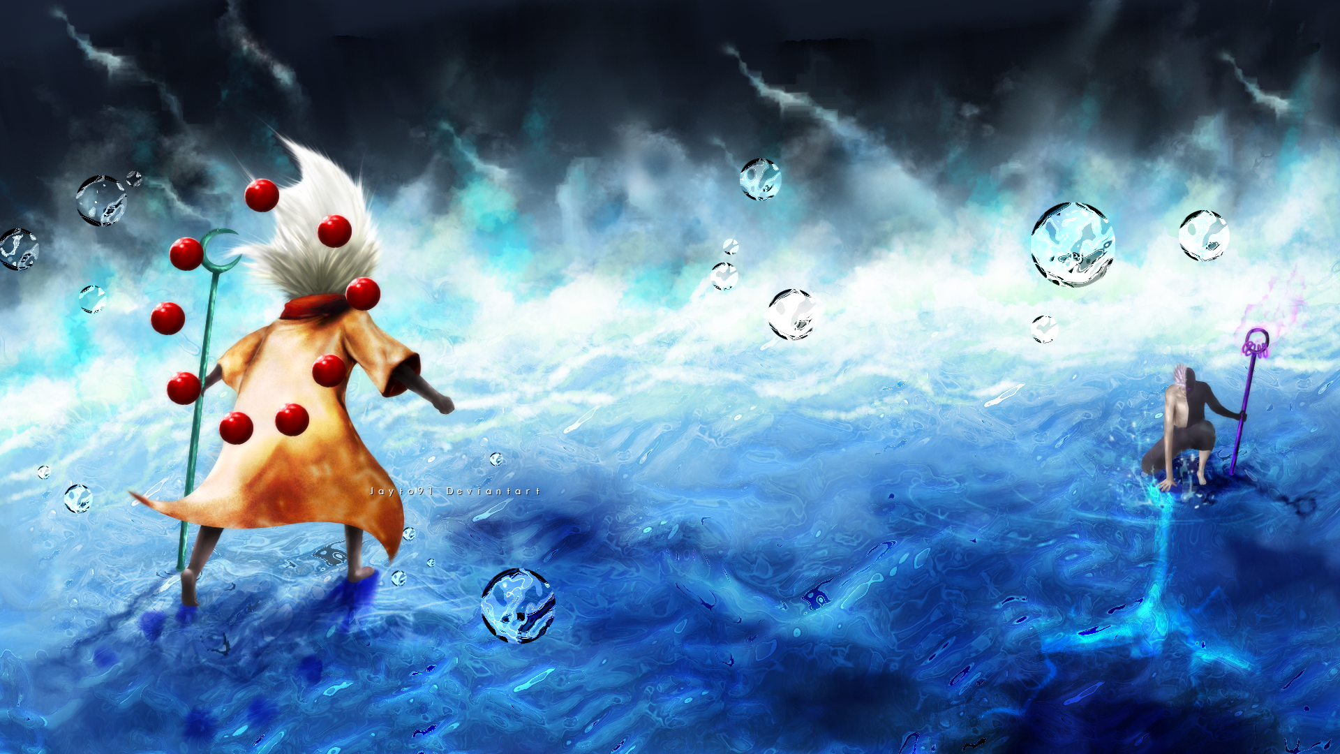 HD desktop wallpaper of Madara Uchiha and Obito Uchiha from the anime Naruto, standing amidst a mystic ocean scene with floating orbs and an ethereal background.