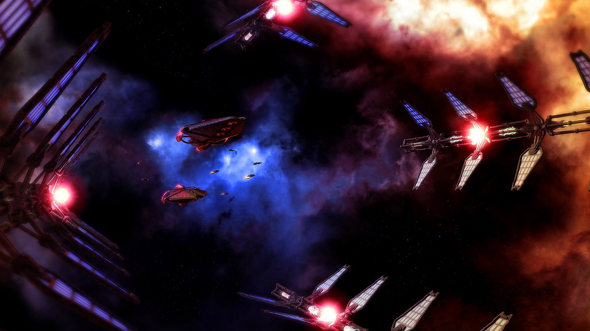 Babylon 5 (TV show) Thirdspace HD desktop wallpaper — starfighters and capital ships clash amid blue and orange nebulae, bright engine flares and distant explosions.