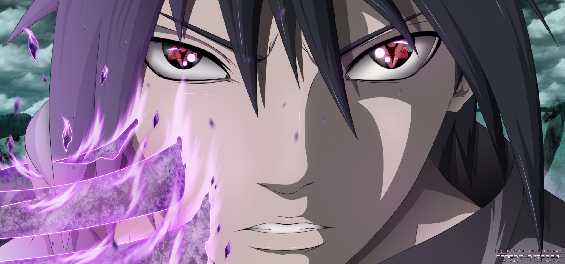 HD desktop wallpaper featuring Sasuke Uchiha from the anime Naruto, showcasing him with intense eyes and purple energy radiating from his hand.