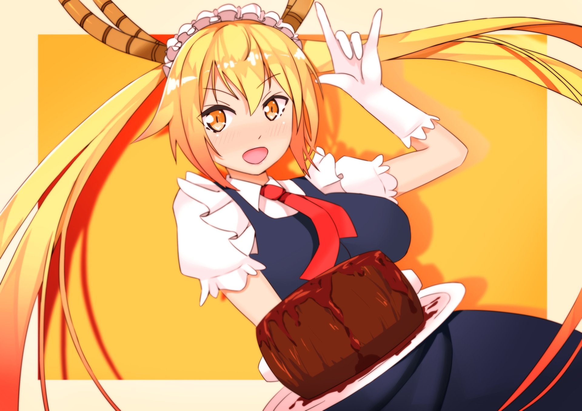 HD desktop wallpaper featuring Tohru from Miss Kobayashi's Dragon Maid, smiling while holding a chocolate cake, set against a bright yellow background.