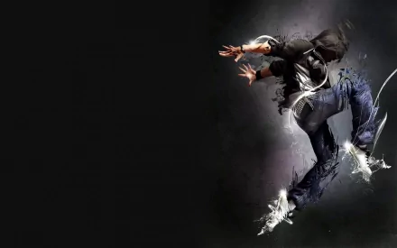 A dynamic, artistic depiction of a human figure in a hood and jeans, leaping amidst vibrant light and abstract shapes, creating an engaging HD desktop wallpaper.