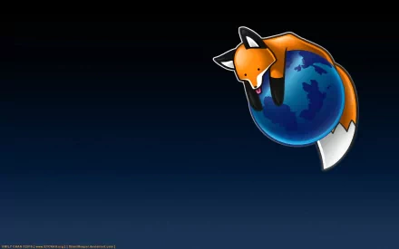 A vibrant HD desktop wallpaper featuring the Firefox logo, a playful fox embracing a globe, set against a deep blue background, symbolizing technology and global connectivity.