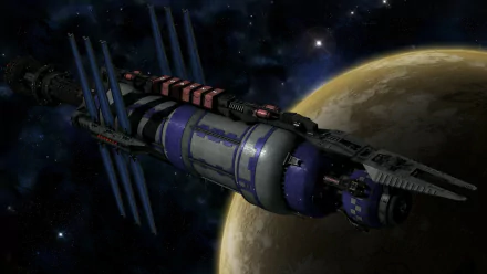 HD desktop wallpaper featuring a detailed spacecraft from Babylon 5: The River of Souls against the backdrop of a planet and starry space, inspired by the Babylon 5 TV show.