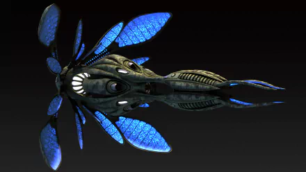 HD PC desktop wallpaper featuring the Vorlon ship from Babylon 5: A Call to Arms, showcasing the iconic sci-fi TV show vessel with glowing blue wings against a dark background.
