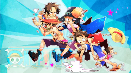 HD desktop wallpaper featuring Sabo, Portgas D. Ace, and Monkey D. Luffy from the anime One Piece, in a lively and colorful scene.