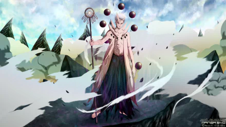 HD desktop wallpaper features Obito Uchiha from the anime Naruto, depicted in a dramatic landscape with swirling energy and a mystical staff.