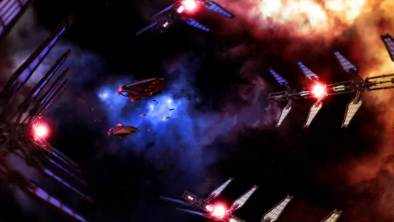Babylon 5 (TV show) Thirdspace HD desktop wallpaper — starfighters and capital ships clash amid blue and orange nebulae, bright engine flares and distant explosions.