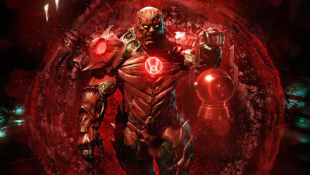 HD desktop wallpaper featuring Atrocitus from DC Comics' Red Lanterns in the Injustice 2 video game, standing menacingly with a red lantern in hand amidst a fiery red background.