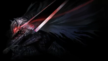 HD desktop wallpaper featuring Guts from the anime Berserk, depicted in his signature dark armor with a massive sword, set against a shadowy background.