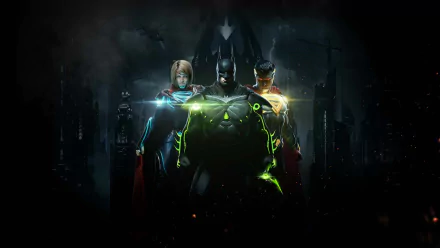 HD desktop wallpaper featuring Batman, Superman, and Supergirl from the video game Injustice 2, with a dark cityscape in the background.
