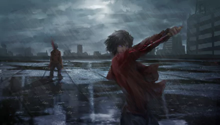 HD anime desktop wallpaper featuring a rainy, dark cityscape from The Garden of Sinners with two characters, one pointing a weapon towards the other.
