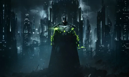 HD desktop wallpaper featuring Batman from the video game Injustice 2, standing in front of a dark, futuristic cityscape, with glowing green elements on his suit.